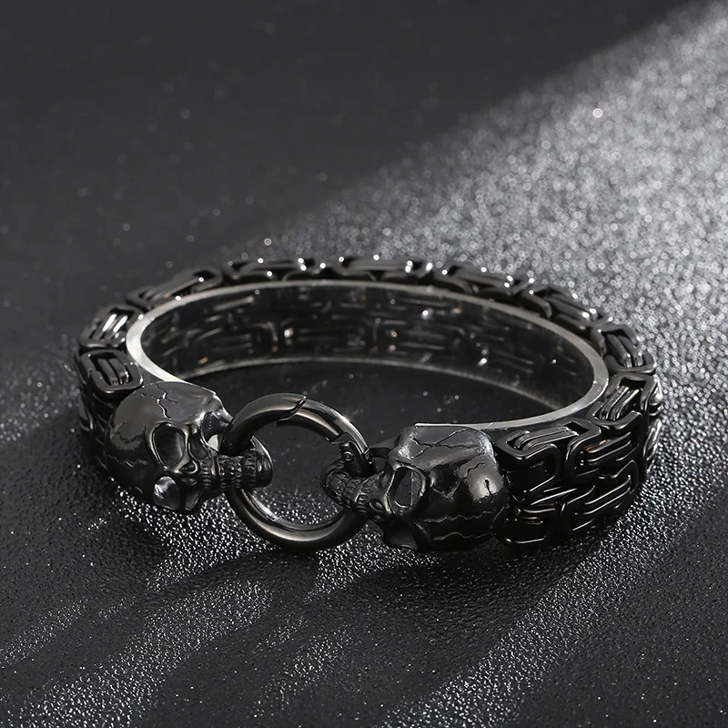 KALEN Mens 230mm Punk Stainless Steel Skull Charm Byzantine Link Bracelet