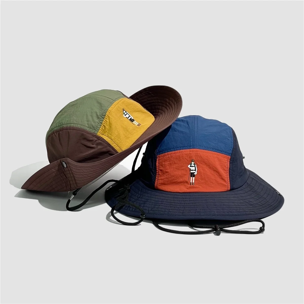 Outdoor Foldable Splicing Color Embroidery Bucket Hats Mountaineering Hiking Fast Dry Hats With String