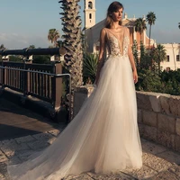 

Backless a line v deep neck beaded beach BOHO wedding dress 2020