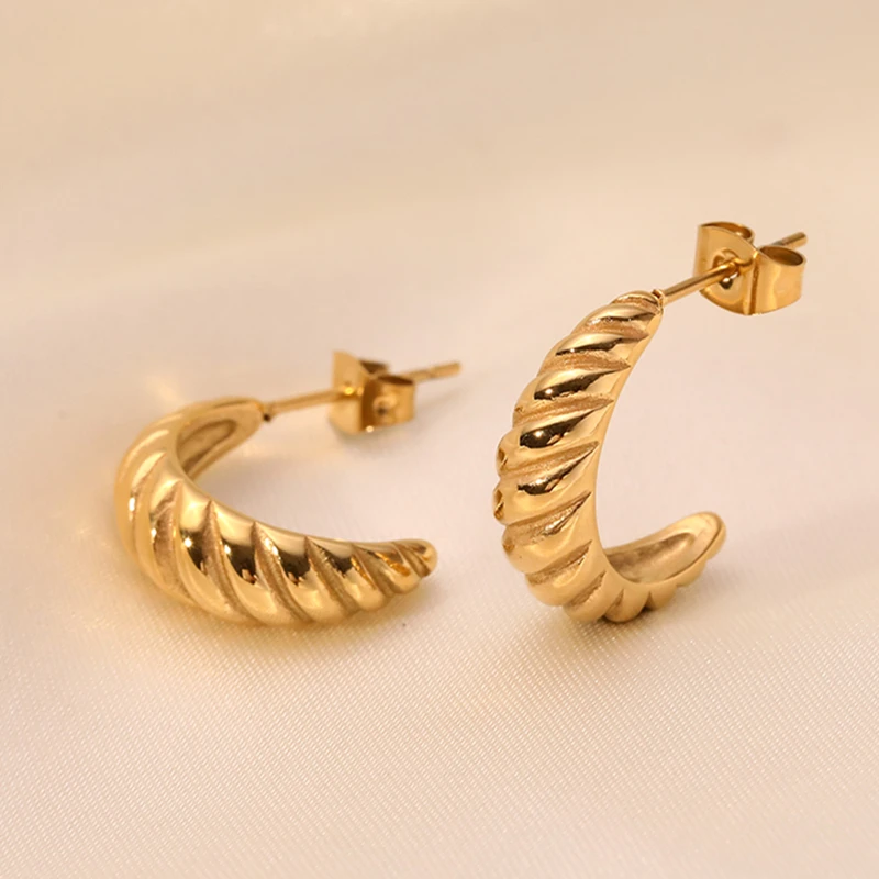 

Wholesale 18K Gold Plated Stainless Steel Jewelry C Shape Twisted Croissant Dome Hoop Earrings Non Tarnish Free Gold Earrings