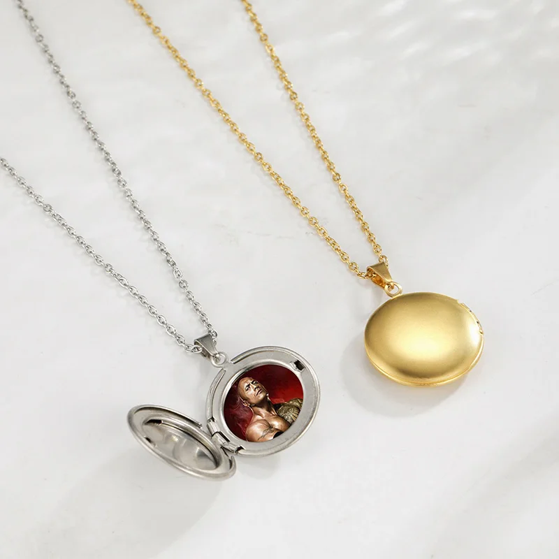 

Stainless Steel Gold Plated Photo Frame Locket Charm Necklace Custom Logo Round Charm Photo Locket Jewelry For Women Gift, Steel color, gold, rose gold