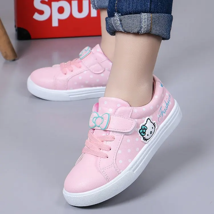 
white pink hello-kitty cat kids sweet cute school sport leather footwear student girl casual children sneaker shoes 
