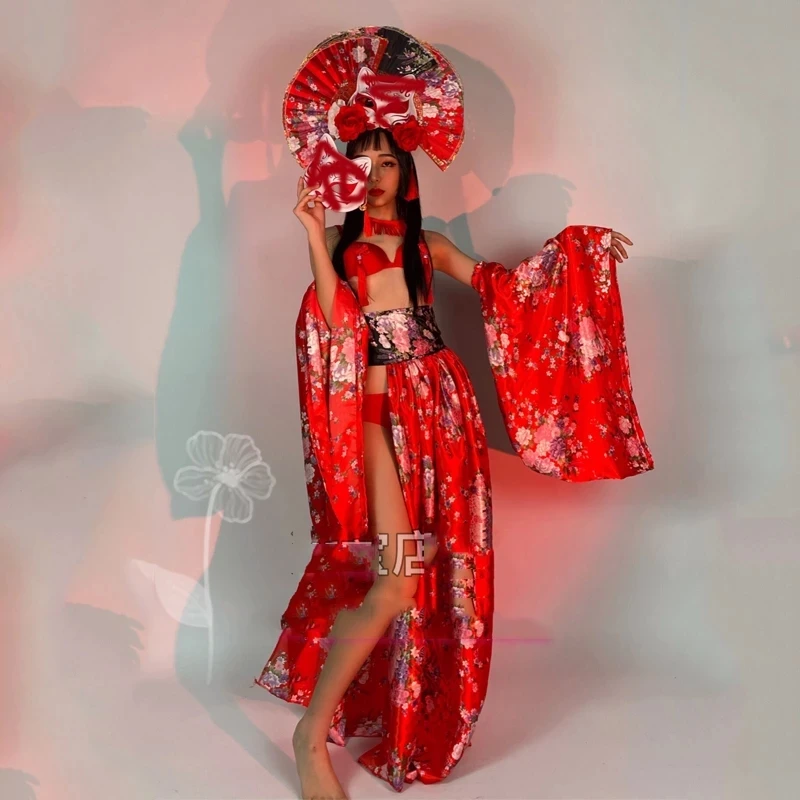 

Red Kimono Nightclub Female Singer Sexy Stage Performance Costume GoGo Dancer Bikini Suit Festival Clothing Rave Outfits
