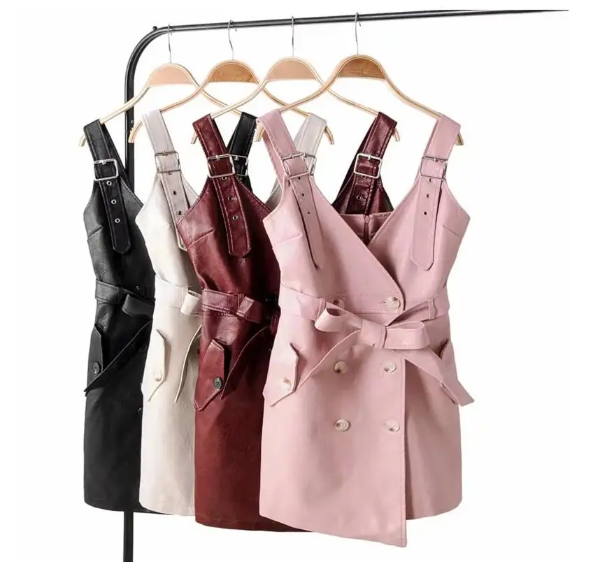 

WIIPU 2019 Autumn Winter Women PU Faux Leather Dress with belt V Neck Sexy Slim Retro Black Mini Dress, Pictures