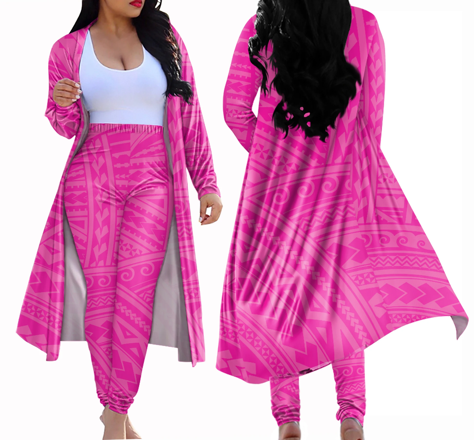 

2pc Pants Set Women Samoa Polynesian Tribal Print Outfits Long Sleeves Open Front Cardigan Cover up with Leggings Suits POD, Customized color