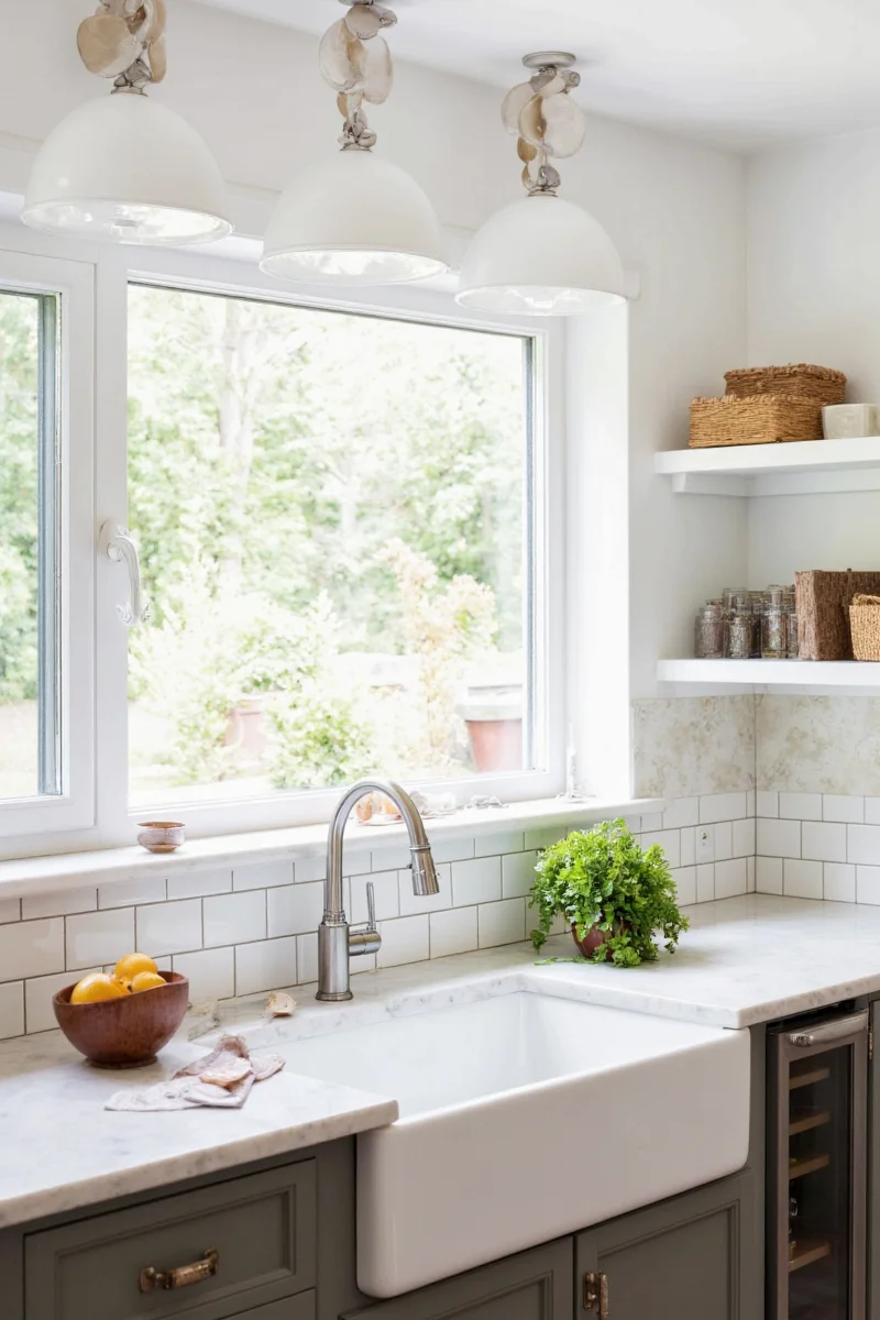 White farmhouse sink with shiplap backsplash