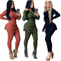 

2019 Ladies Solid Color Ribbed Knitting Suit Women Matching Clothing Sets Outfits Jumpsuit