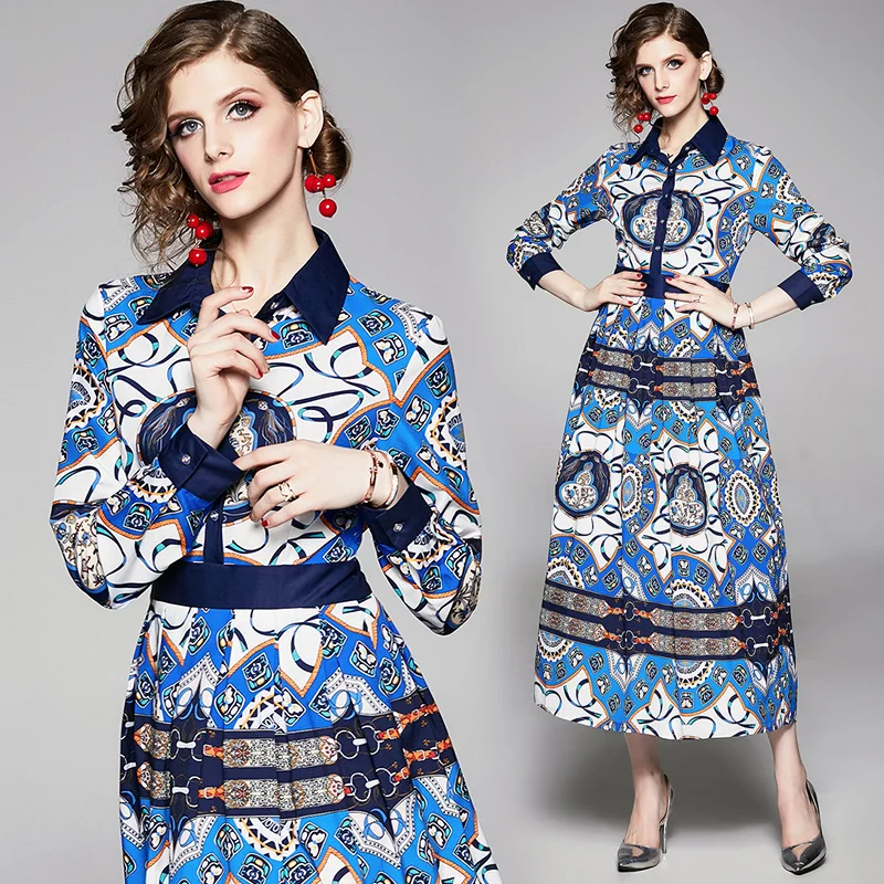 2019 European and American Women Dress Long Sleeve Vintage Prints Maxi Party Casual Dresses