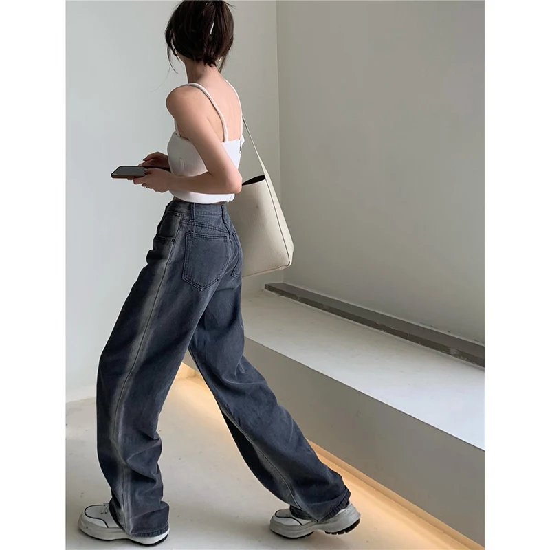 

High waist jeans women's design sense loose wide-leg pants summer gray gradient mopping trousers thin straight pants