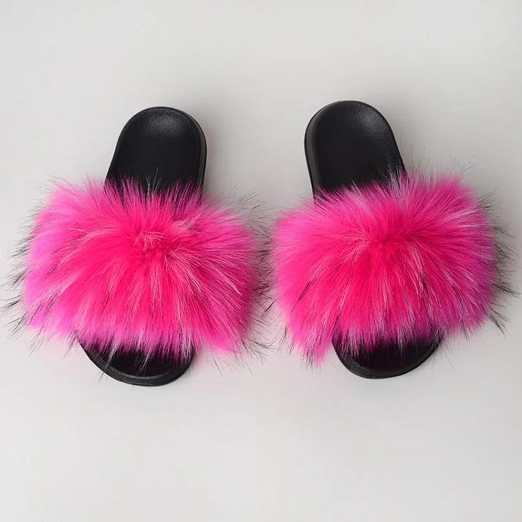 

High Quality slippers girls sandals Faux Fur slippers Furry Sandals Fur Slippers imitation fox fur slides, Customized color