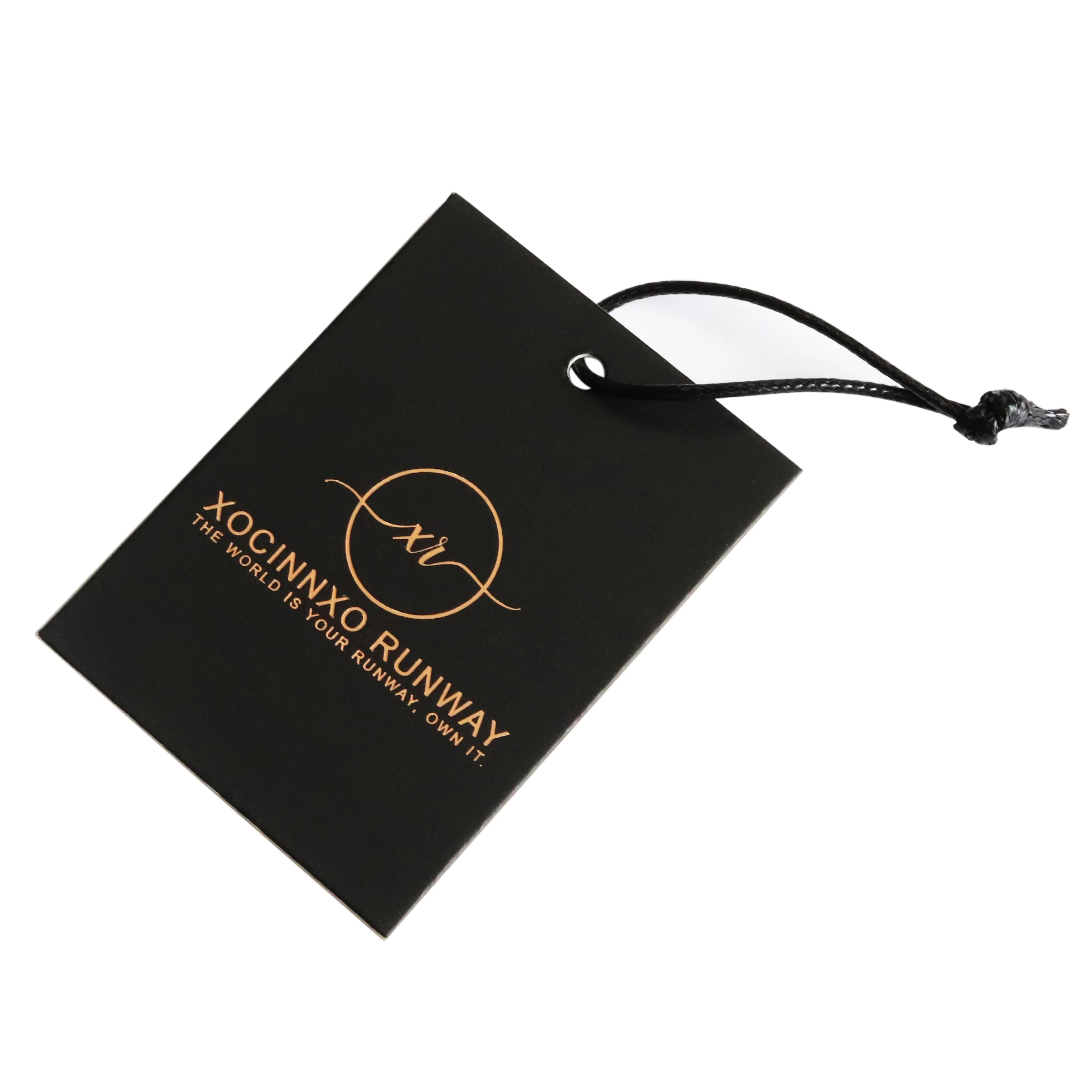 

Custom private name black paper hang tag with gold foil LOGO for clothes garment luggage t-shirt swimwear glasses swing tags