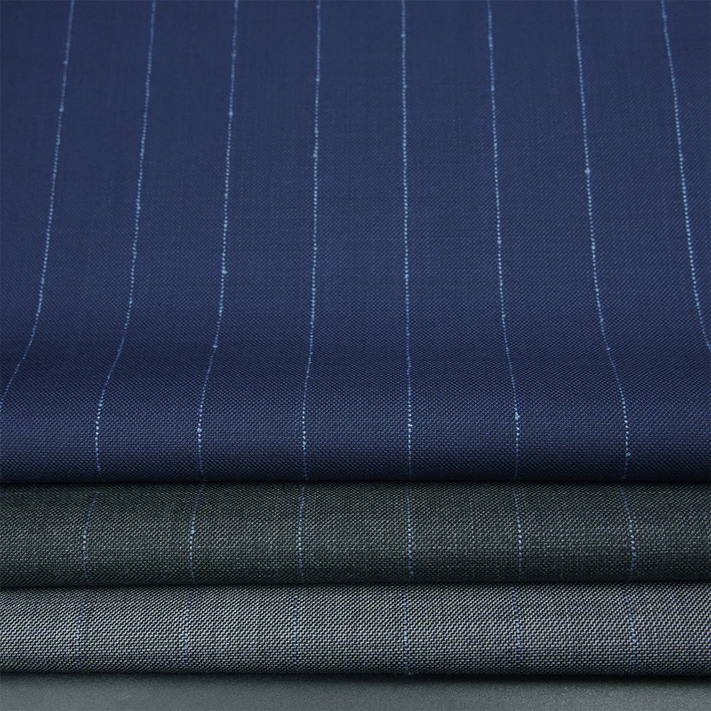 Factory Price STOCK Merino Blend Worsted Wool/Polyester Fabric Luxury Italian Wool Suiting Fabric Stripe Style