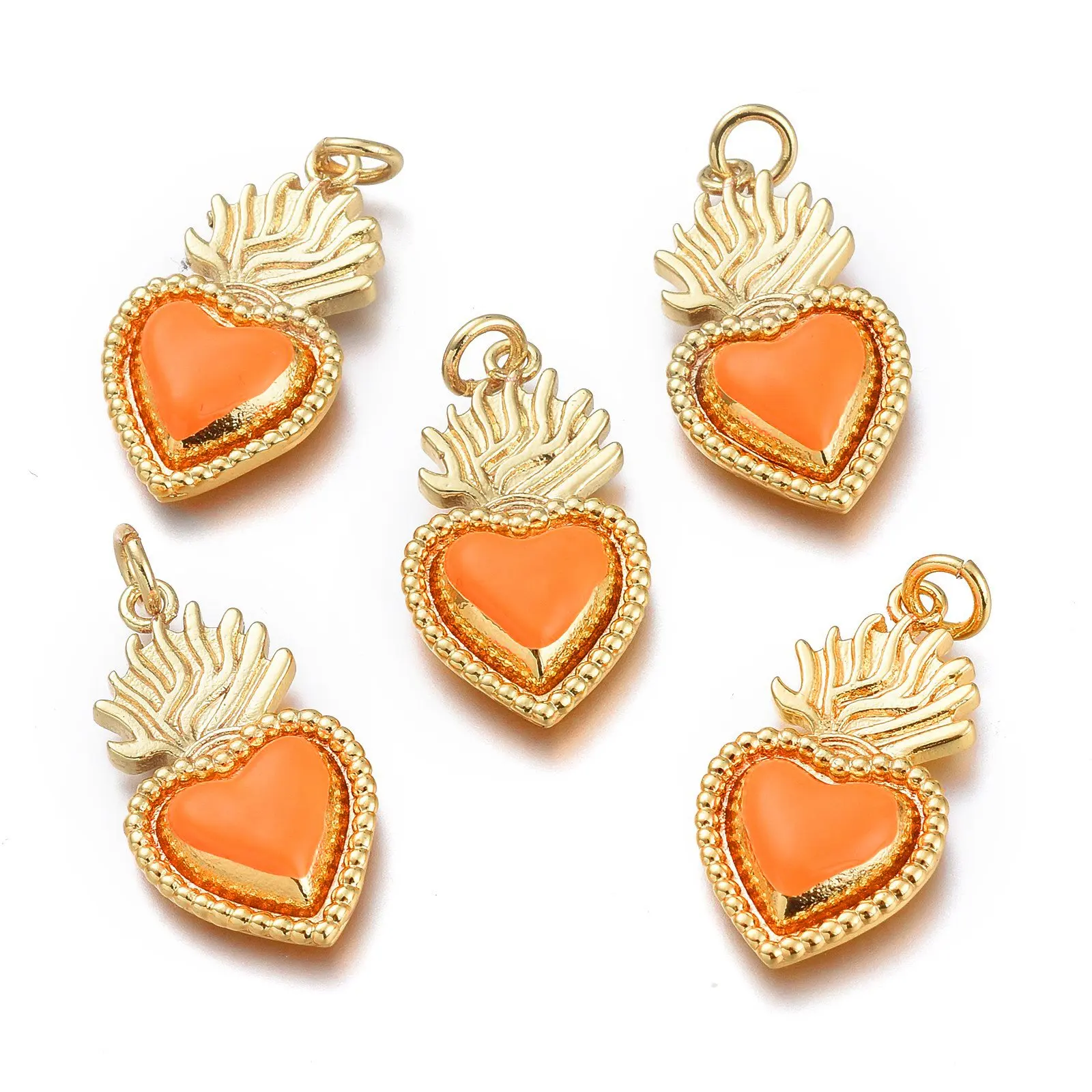 

PandaHall Orange Heart Real 18K Gold Plated Brass Enamel Pendants