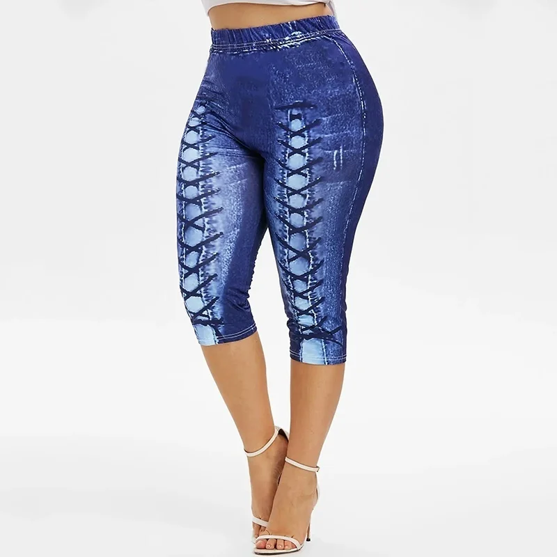 

Women Fashion 3D Jean Print Capri Leggings Casual Yoga Pants Elastic Waist Skinny Pants Plus Size