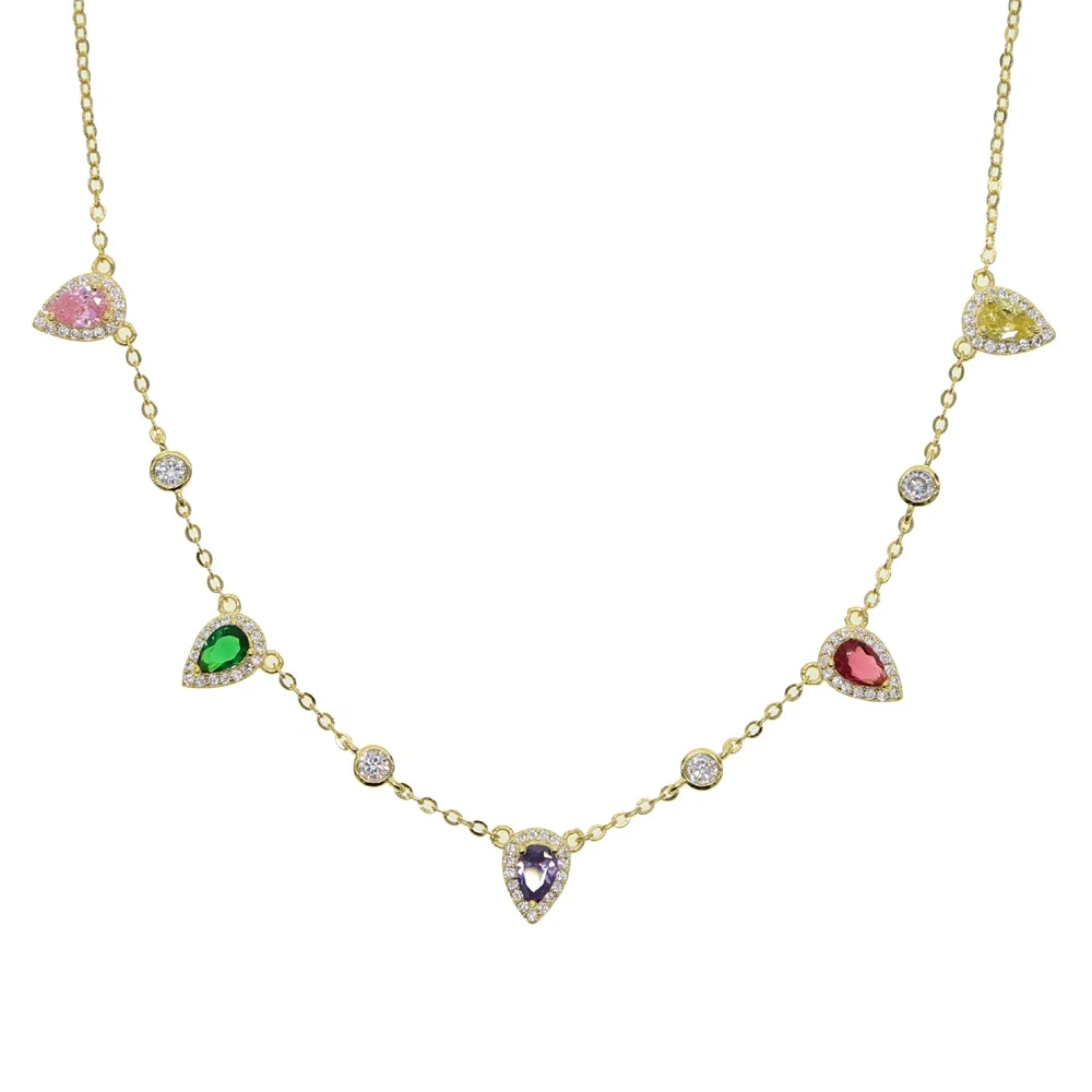 

gold plated rainbow tear drop cz station chain necklace, Customized