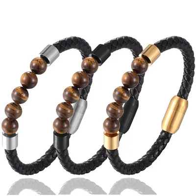 

Classic Stainless Steel Leather Bracelet 8mm Natural Stone Tiger Eye Multi-layer Weave Stone Bracelet For Men, As picture