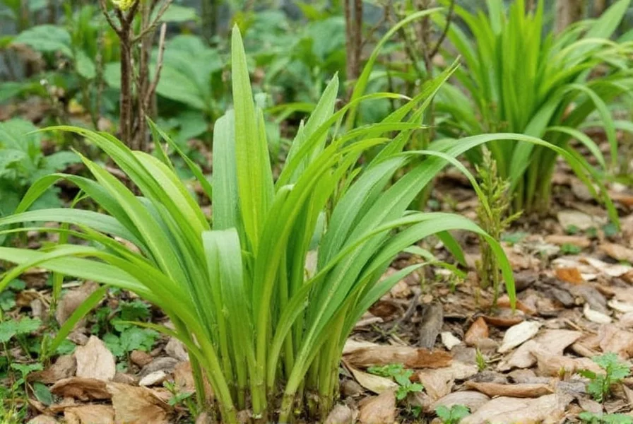 Mature ginger plant showing healthy foliage and developing rhizomes in well-maintained garden bed