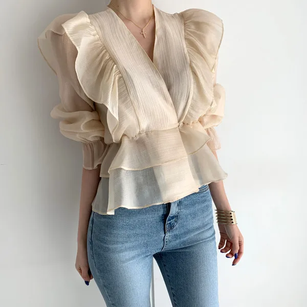 

Summer Ruffles Women Blouse Chiffon Chic Korean Office Lady Vintage Shirt Loose Solid Short Blusas Plus Size