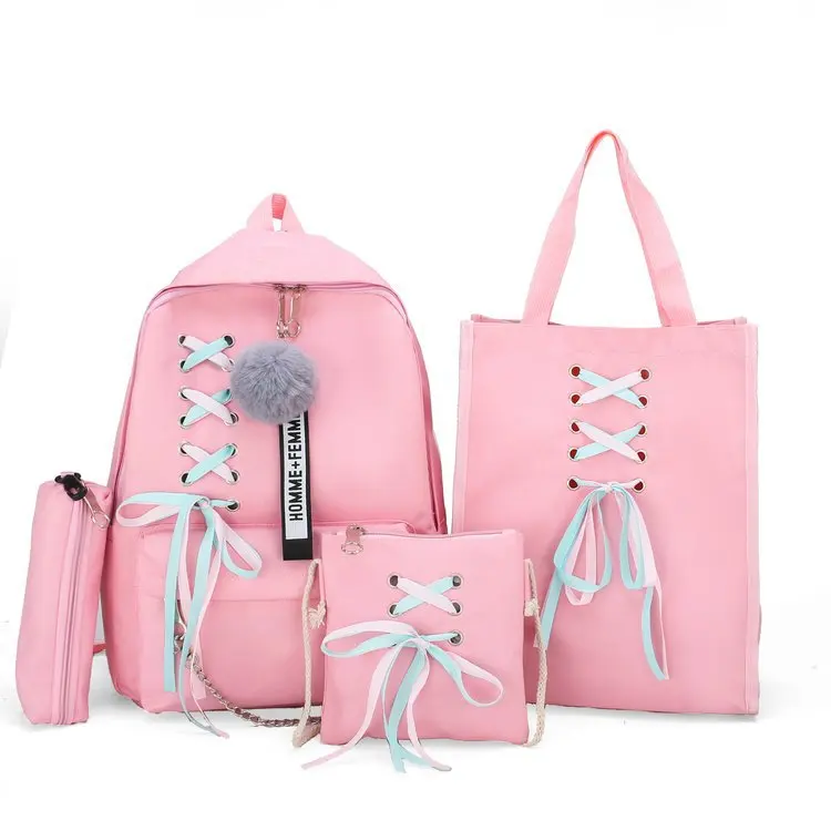 

Wholesale 2020 Fashion School Backpack 4pcs Set Girls Canvas School Bag Factory Price Trendy School Backpack, Black,pink,beige,gray