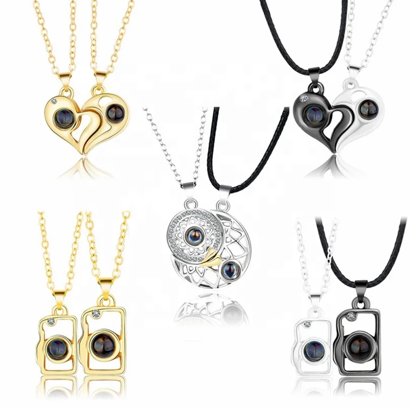 

Top Sales Fashion Couple Necklace Valentine Gifts Magnetic Sun Moon Necklace Zircon Heart Necklace 100 I Love You, Silver,gold,rose gold
