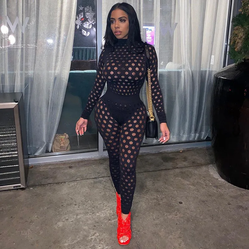 

Hollow Out Sexy See Through Two Piece Set Women Streetwear Turtleneck Bodysuit+High Waist Leggings Skinny Active Outfits