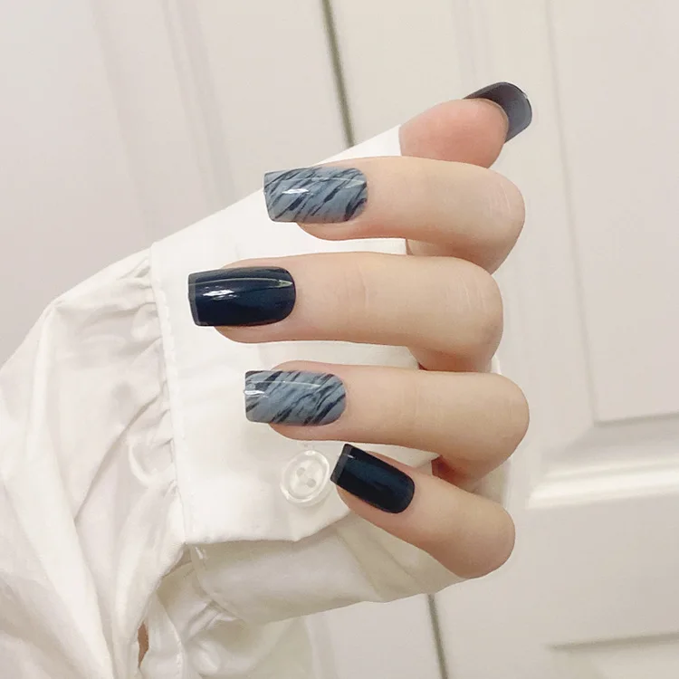 

Long Square blue grey Blooming french false nails press on nails 2021