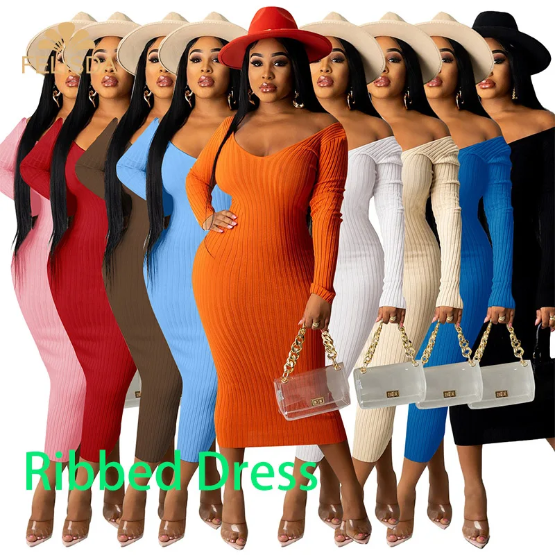 

Brand Long Sleeve V Neck Bodycon Ribbed Knit Dress Women Clothing Autumn Winter Fashion Solid Slim Midi Female Casual Dresses