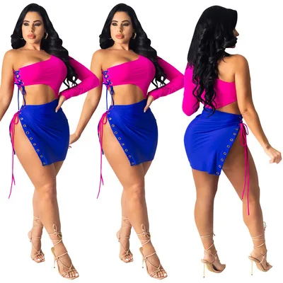 

2021 New Design Sexy Women Solid Bandage 2 Piece Skirt Set Summer Ladies Single Sleeve Top And Mini Dress Set Women Clothing