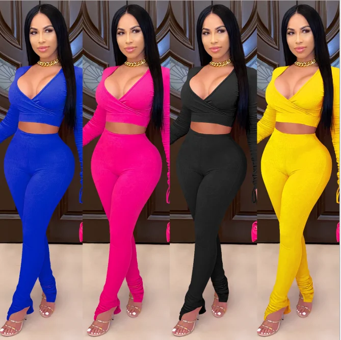 

YD-C3708 women winter long sleeve solid two piece pants sets