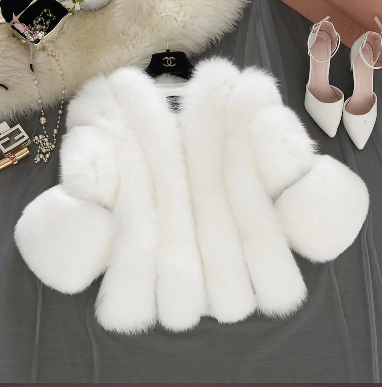 

Smaller women fashionable man-made short solid color short Imitation fox faux fur coat