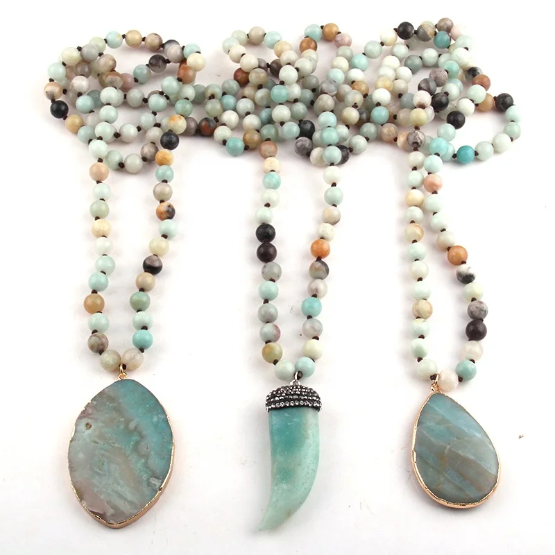 

Women Ethnic Natural Gemstone Necklace Bohemian Tribal Jewelry Amazonite Stone Long Knotted Stone Ox Horn Pendant Necklace, 2 color