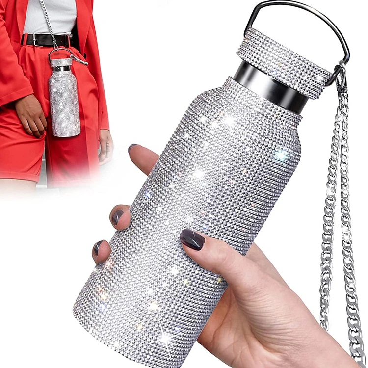 

Diamond Water Bottle Bling Diamond Vacuum Flask Sparkling Glitter Rhinestone Water Bottle with Diamond Lid Chain for Women Girls, Black,pink,brick red,gray,light green,dark green