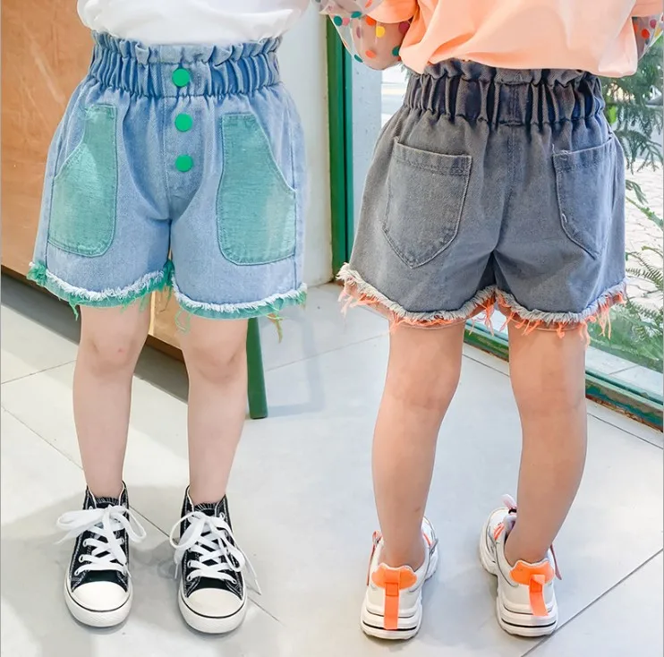 
2020 Summer Sweet Girl Denim Washed Blue or Pink Patched Shorts for 1-6T 