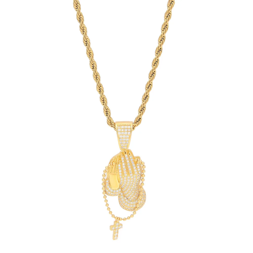 

Hip Hop Stainless Steel Gold Plated Cubic Zirconia Holding Rosary Praying Hand Pendant Necklace For Rapper