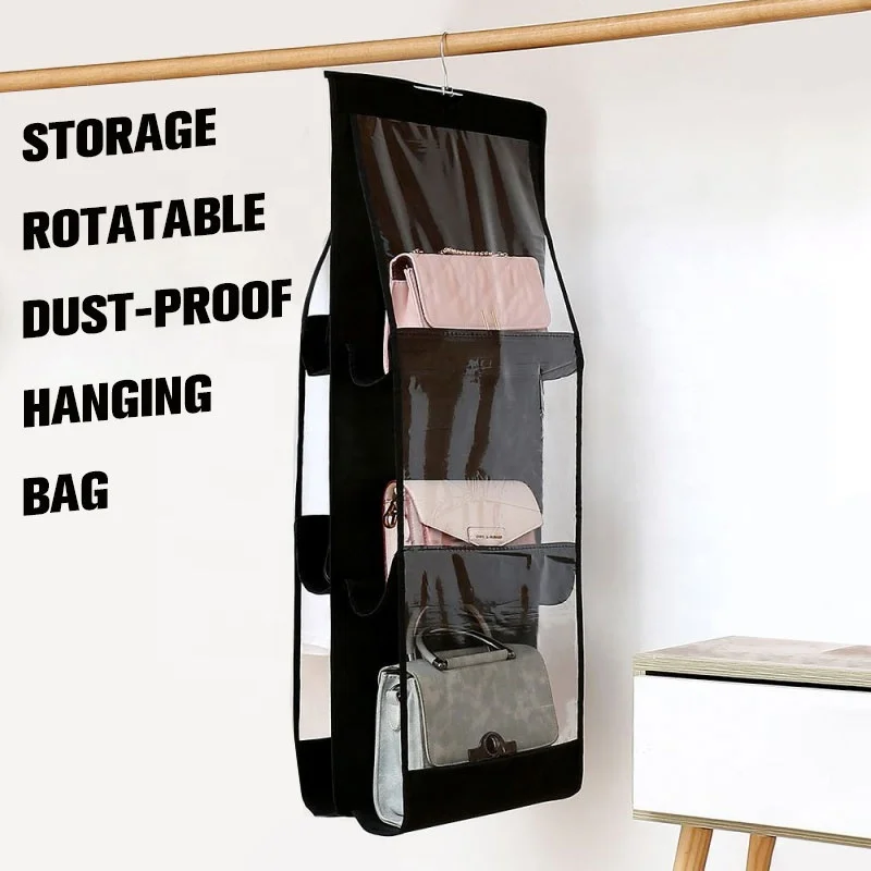 

6 Pocket Hanging Handbag Organizer Wardrobe Closet Transparent Storage Bag Rotatable Dust proof Hanging Bag