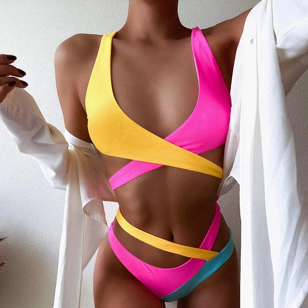 

4 Color Cut out Bikini Swimwear Bandage High leg Cut Swimming Costume Wrap Swimsuit