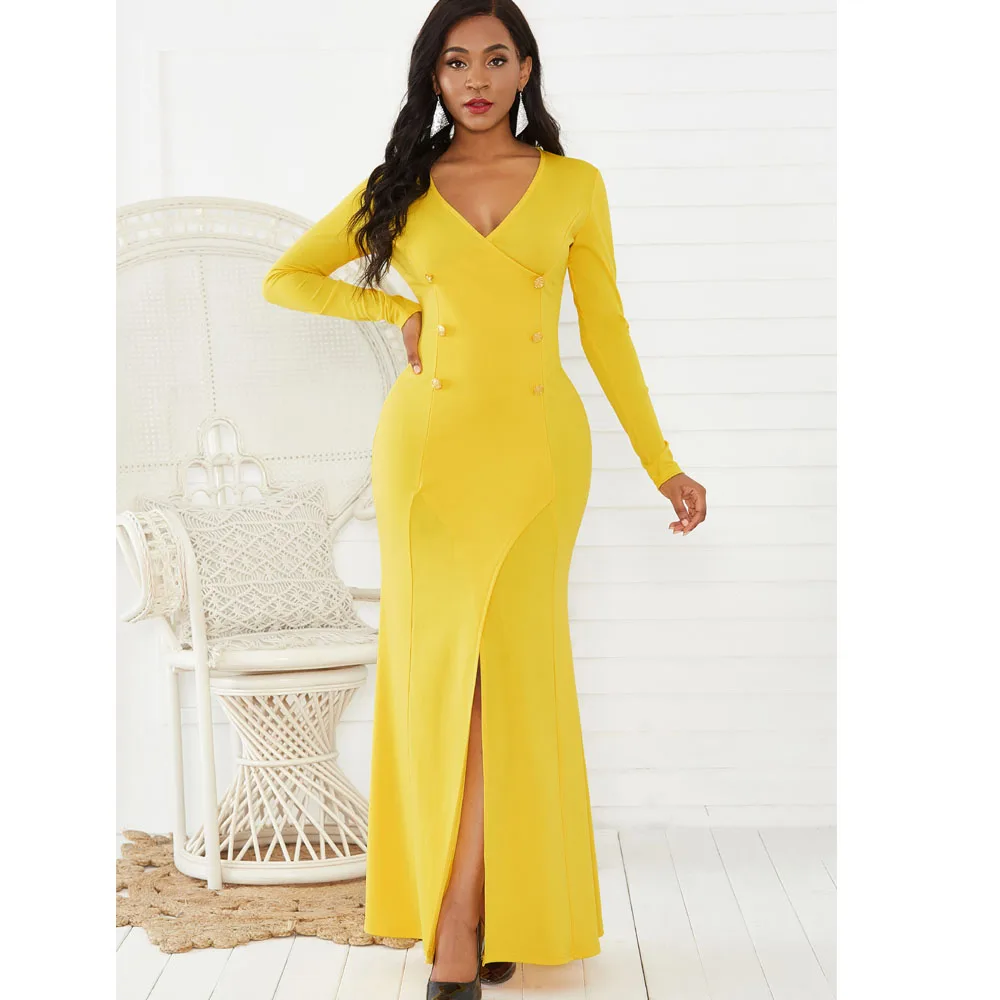 

2020 New Arrival High Quality Women sexy V Neck Long Sleeve Solid Color Casual Dresses