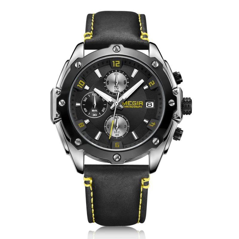 

2021 Relojes Hombre Megir 2074 Men Fashion Leather Quartz Watches Male Clock Leisure Chronograph Sport Watch Waterproof, Blue, yellow, red, brown