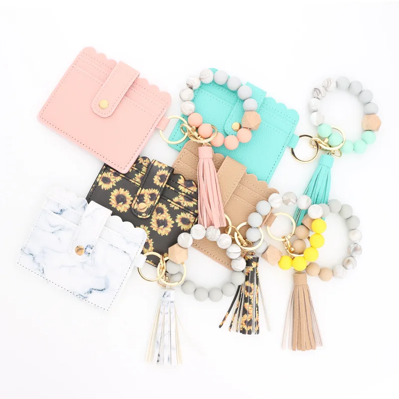 

Leopard Wallet Tassel Silicone Beads Bracelet ID Credit Cards Holder Keychain, As the picture