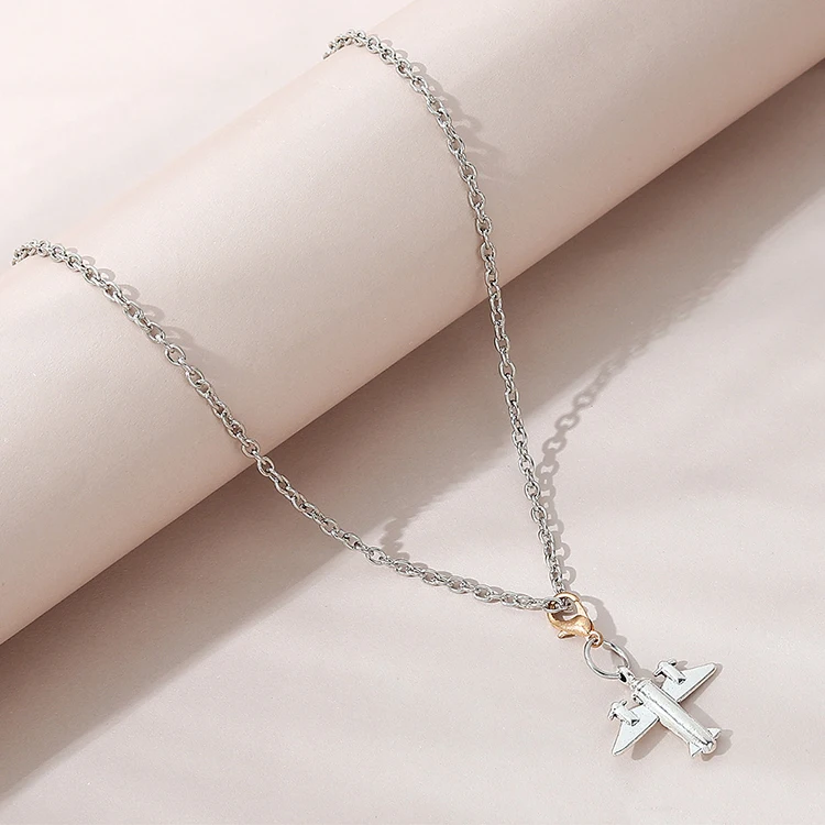 

Chic Simple Platinum Plated Thin Link Chain Airplane Shape Necklace Exaggerate Air Plane Pendant Necklace, Picture color