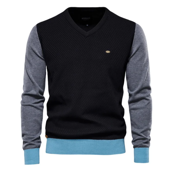 

2022 new style V-neck men's sweaters Spliced sleeve casual cos contrast color cotton sweater, Black,navy,brown,dark grey