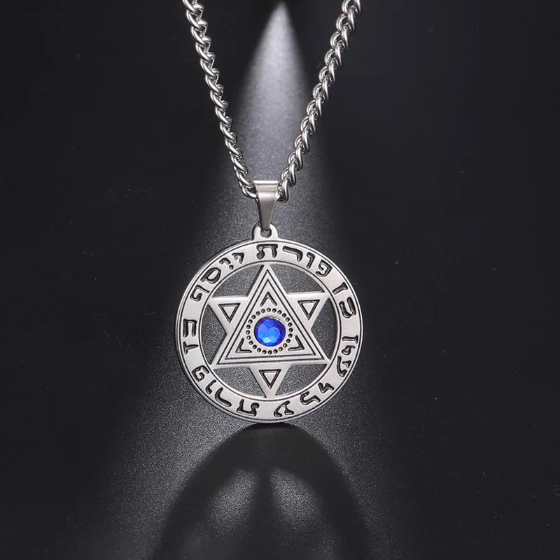 

2021 Star of David Pendant Vintage Hebrew Necklace Religious Blue Stone Necklace for Men and Women Stainless Steel Jewelry Gifts, Steel color,can custom color