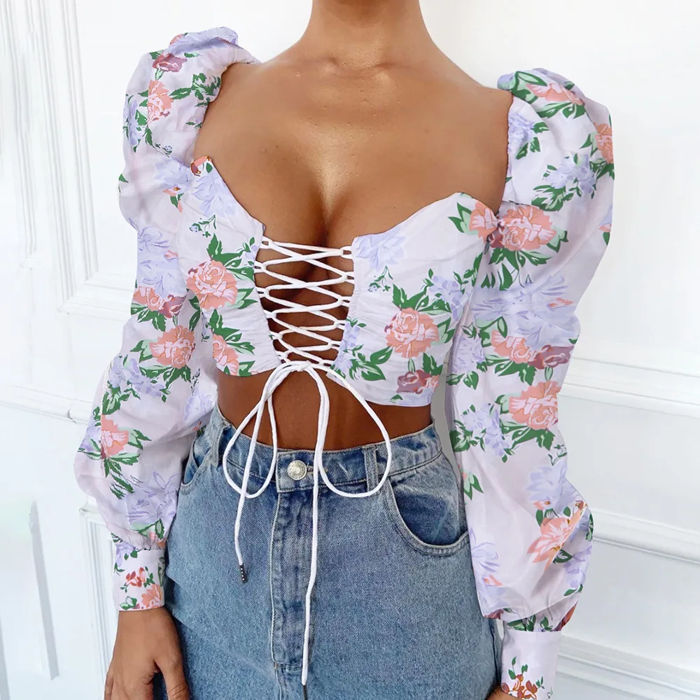 

New fashion fall lace-up floral shirt sexy long sleeve womens blouse tops shirt
