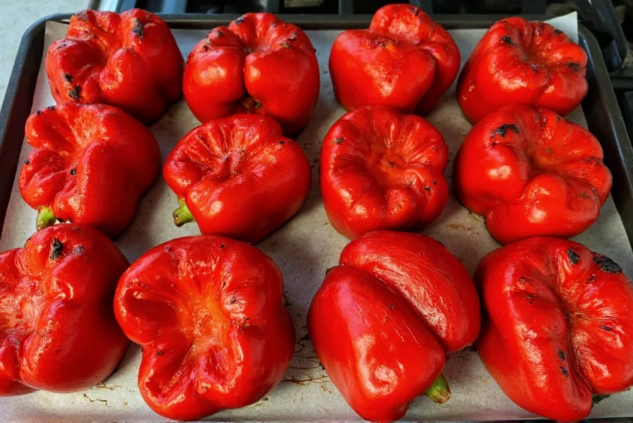 Red bell peppers blackened from roasting arranged on baking sheet under oven broiler