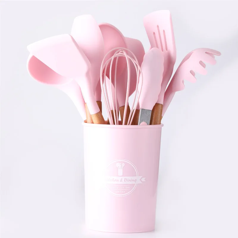 

Hot Sale Women Pink 11PCS China Wood Handle Silicone Kitchen Utensils For Cooking