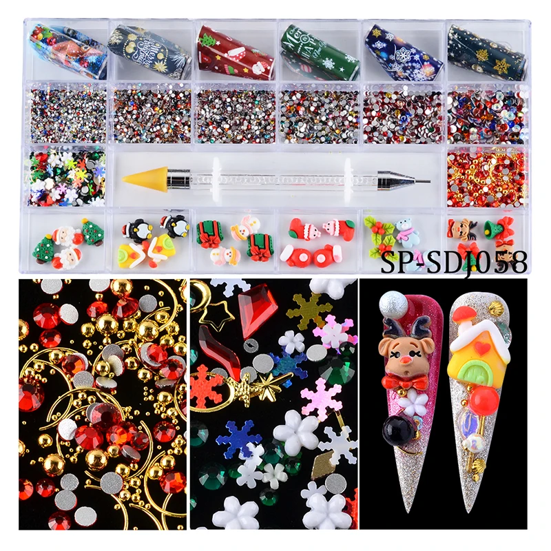 

2021New Arrival 3D Resin Rhinestone Christmas Nail Art Foil Charms Decal Set kit