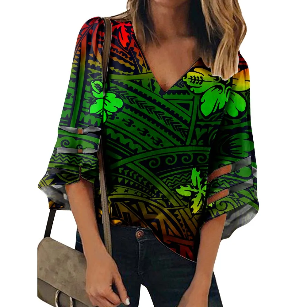 

2020 Hawaiian Style Polynesian Samoan Tribal Triangle Design Red Hibiscus Yellow Plumeria Flowers Printing Floral Women Blouse, Customized color