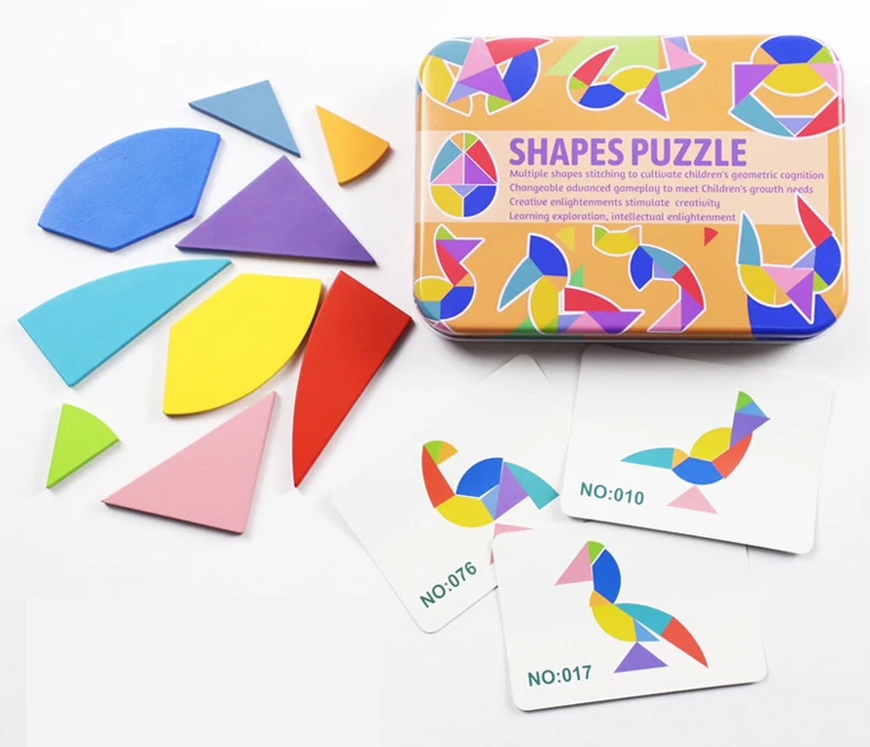 制造商蒙特梭利早期教育木制 tangram 拼图玩具铁盒儿童形状识别益智