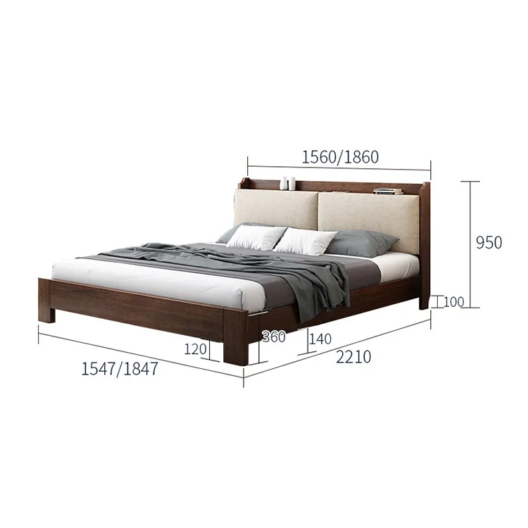 product-Modern wooden bed with fabric back King size Double bed wooden with bookcase headboard pract-1