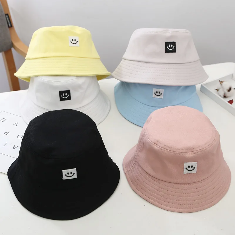 

free shipping wholesale buket hats custom embroidery logo patchwork bob hat smiley face child toddler baby sun smile bucket hat